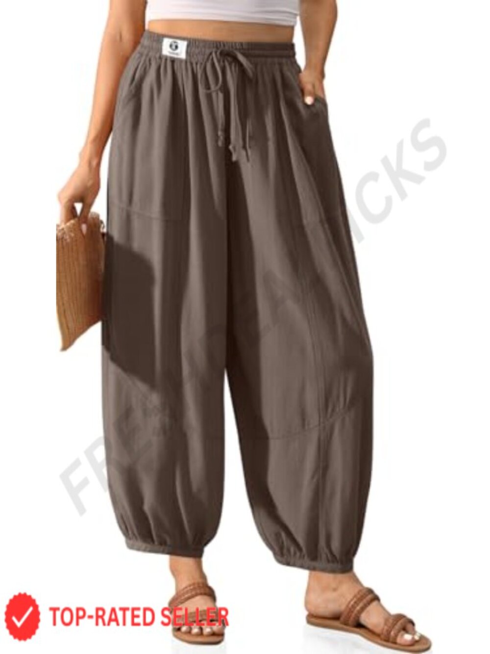 Linen Blend Harem Pants with Pockets Elastic Waist Boho Wide Leg